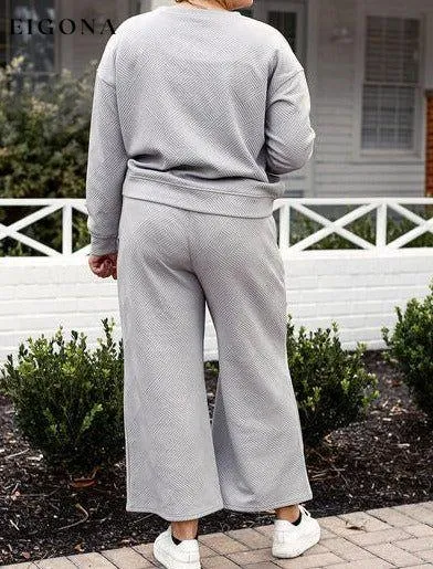Double Take Full Size Textured Long Sleeve Top and Drawstring Pants Set