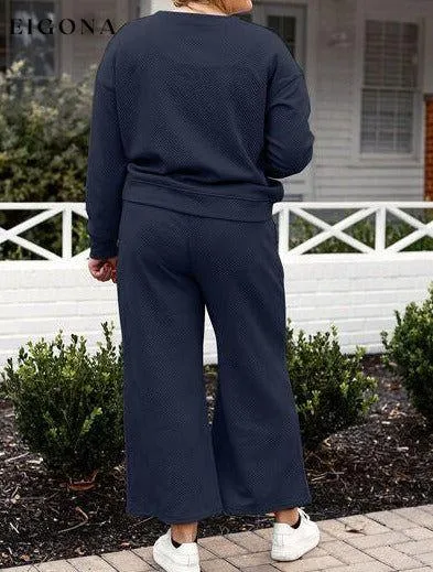 Double Take Full Size Textured Long Sleeve Top and Drawstring Pants Set