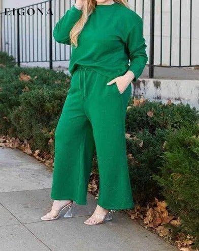 Double Take Full Size Textured Long Sleeve Top and Drawstring Pants Set