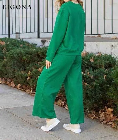 Double Take Full Size Textured Long Sleeve Top and Drawstring Pants Set