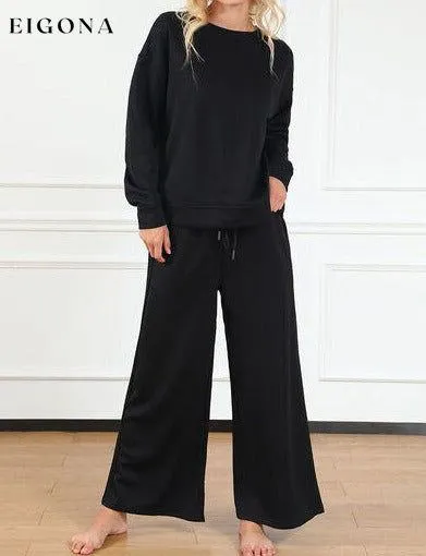 Double Take Full Size Textured Long Sleeve Top and Drawstring Pants Set