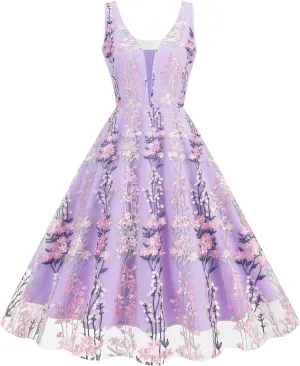 Double V Neck Floral Embroidery Dress for Women Plunging Neckline Sleeveless Flower Embroidered Dress Summer Fit and Flare A-line Tulle Dress Vintage Cocktail Wedding Guest Party Dress Purple L