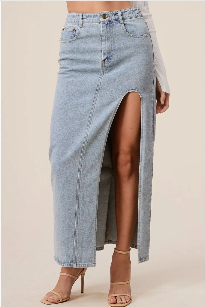 Sturdy Waistband Simple Styling Double Layered Dallas Denim Maxi Skirt