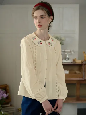 Multi Way Adjustable Fit ??Final Sale??Gracelyn Peter Pan Collar Embroidery Blouse - Apricot