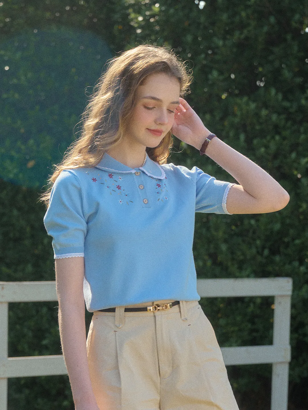 ??Final Sale??Roselyn Notched Lapel Contrasting Trim Embroidery Top Winter Fashion