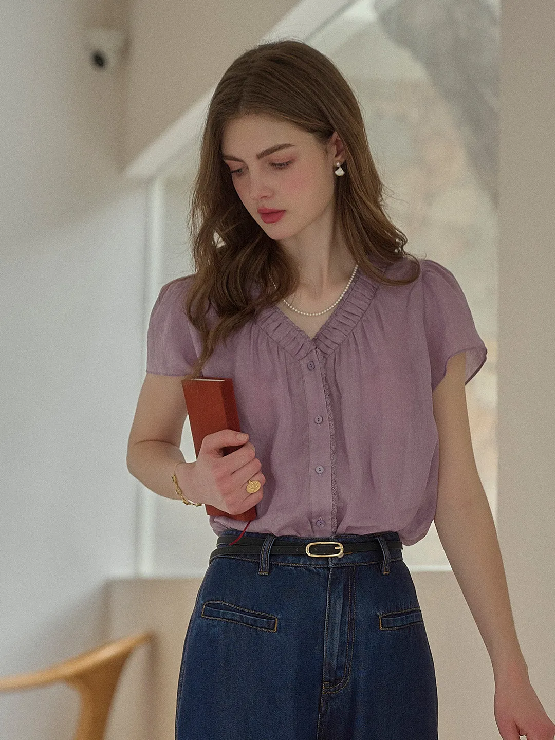 ElasticTrimming DualLayer Weave Angela V-Neck 100% Ramie Blouse