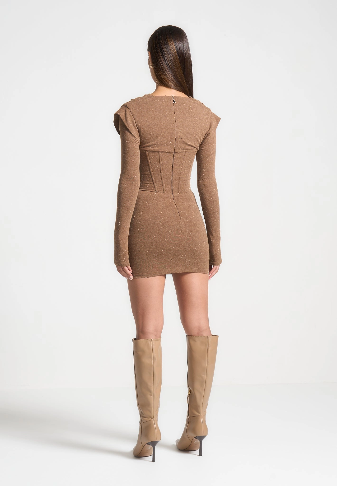 Walk Mood Fit for All Seasons Draped Corset Overlay T-Shirt Mini Dress - Brown Marl