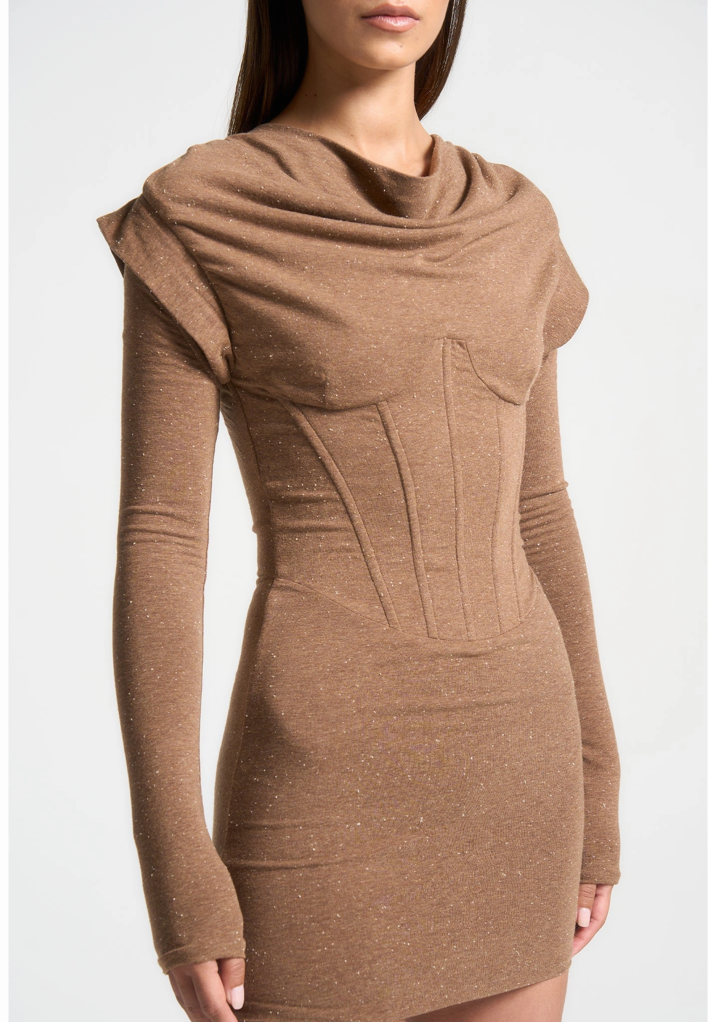 Draped Corset Overlay T-Shirt Mini Dress - Brown Marl Contemporary Design
