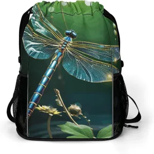 Drawstring Bag,Dragonfly Green Drawstring Backpack,travel Drawstring Backpack,gym String Bag with Side Pocket, 45.5x41.5x36cm