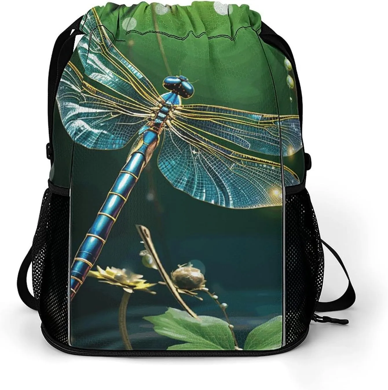 Drawstring Bag,Dragonfly Green Drawstring Backpack,travel Drawstring Backpack,gym String Bag with Side Pocket, 45.5x41.5x36cm
