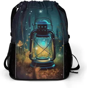 Drawstring Bag,Fireflies And Lantern Drawstring Backpack,travel Drawstring Backpack,gym String Bag with Side Pocket, 45.5x41.5x36cm