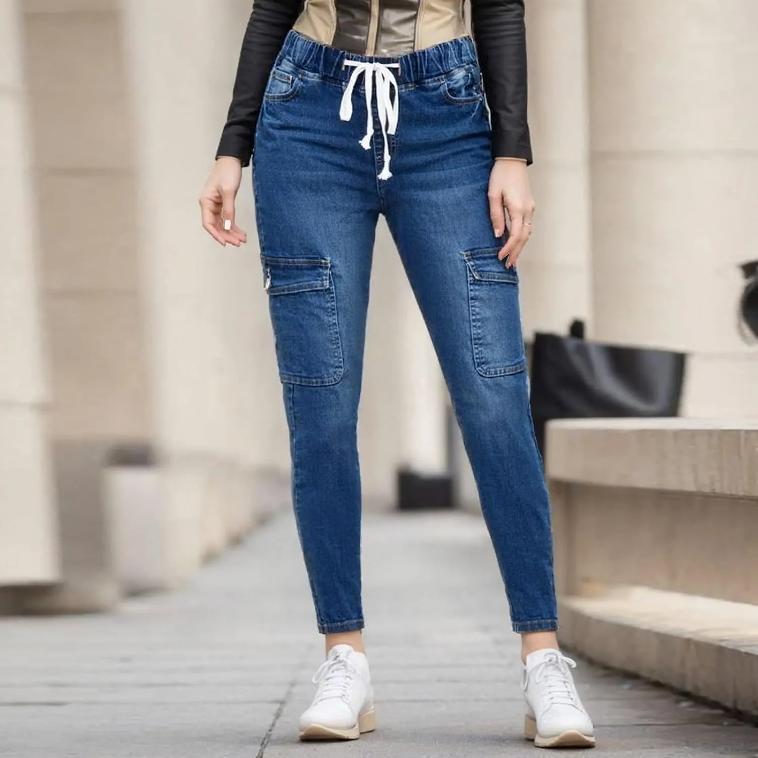 Drawstring Jeans Women Pull On High Waisted Denim Joggers Boyfriend Baggy Cropped Straight Leg Jeans with Pockets