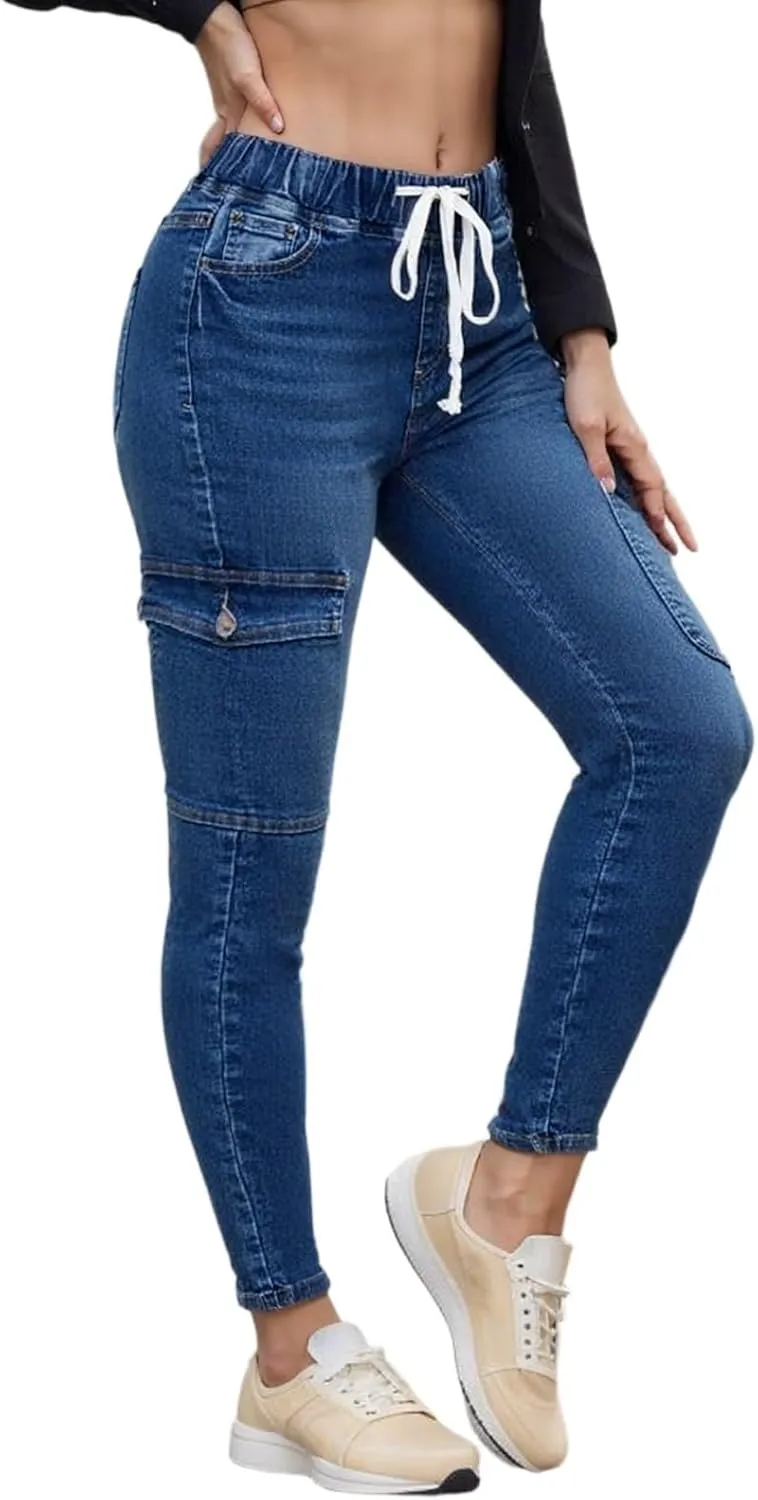 Drawstring Jeans Women Pull On High Waisted Denim Joggers Boyfriend Baggy Cropped Straight Leg Jeans with Pockets