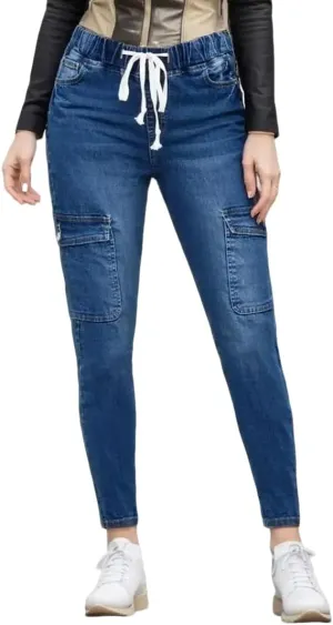 Drawstring Jeans Women Pull On High Waisted Denim Joggers Boyfriend Baggy Cropped Straight Leg Jeans with Pockets