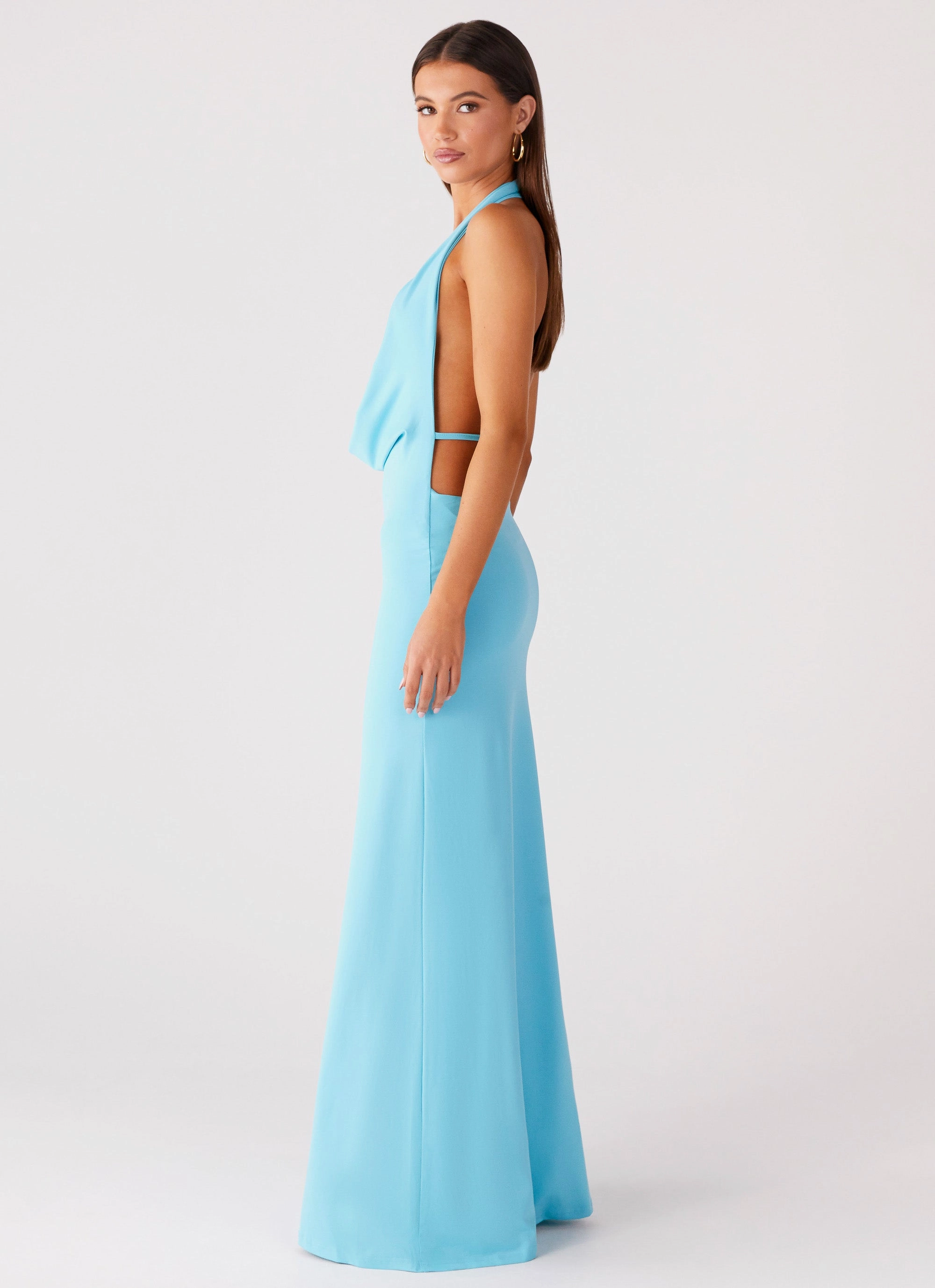Metallic Finish Elegant Mood Driftwood Cowl Maxi Dress - Turquoise