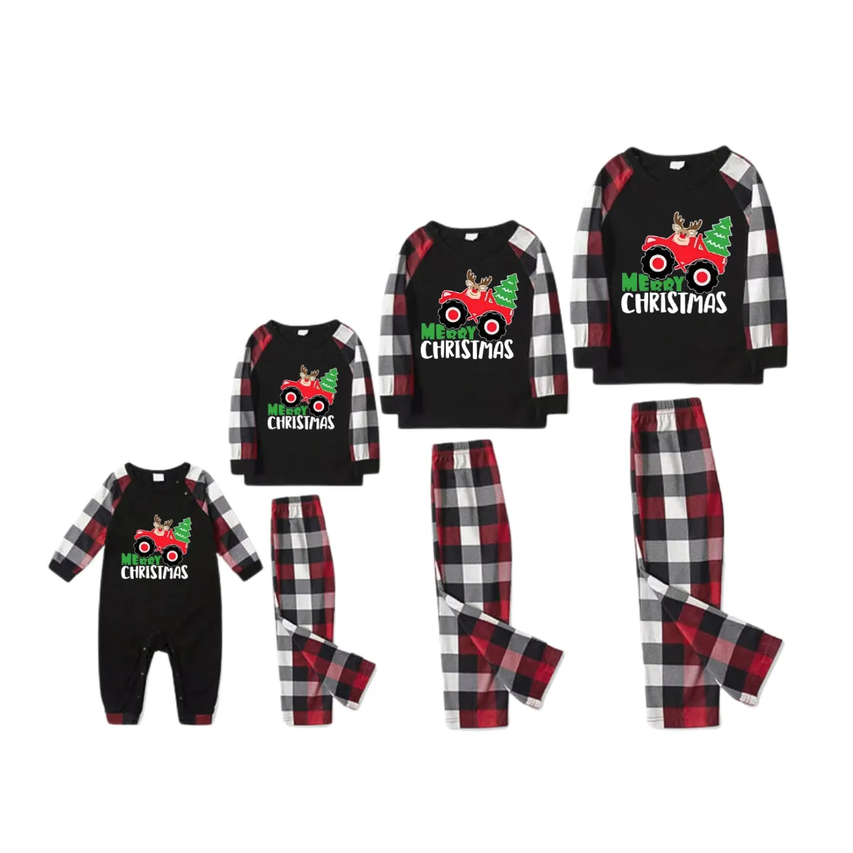 Driving Elk Cartoon Pattern Red&Black&White Plaid  Matching Pajamas