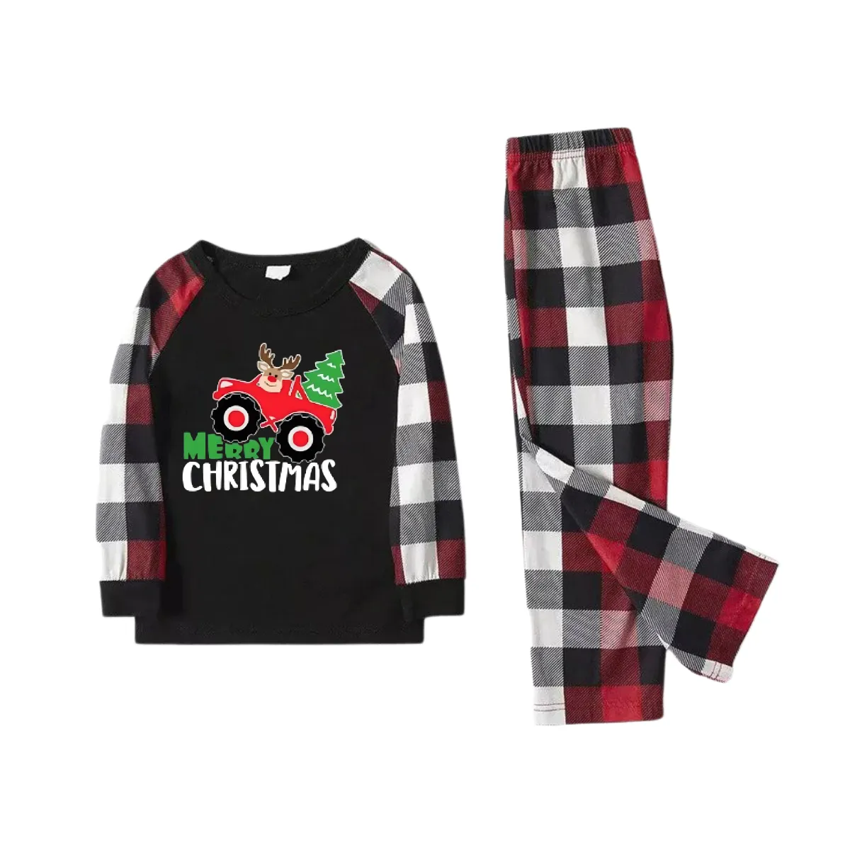 Driving Elk Cartoon Pattern Red&Black&White Plaid  Matching Pajamas