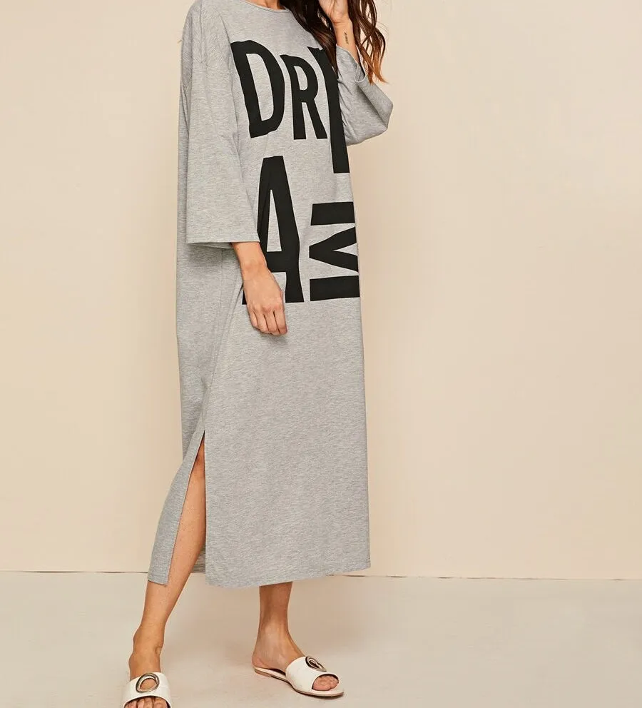 Drop Shoulder Split Hem Letter Graphic Nightdress