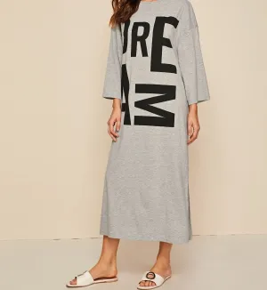Drop Shoulder Split Hem Letter Graphic Nightdress