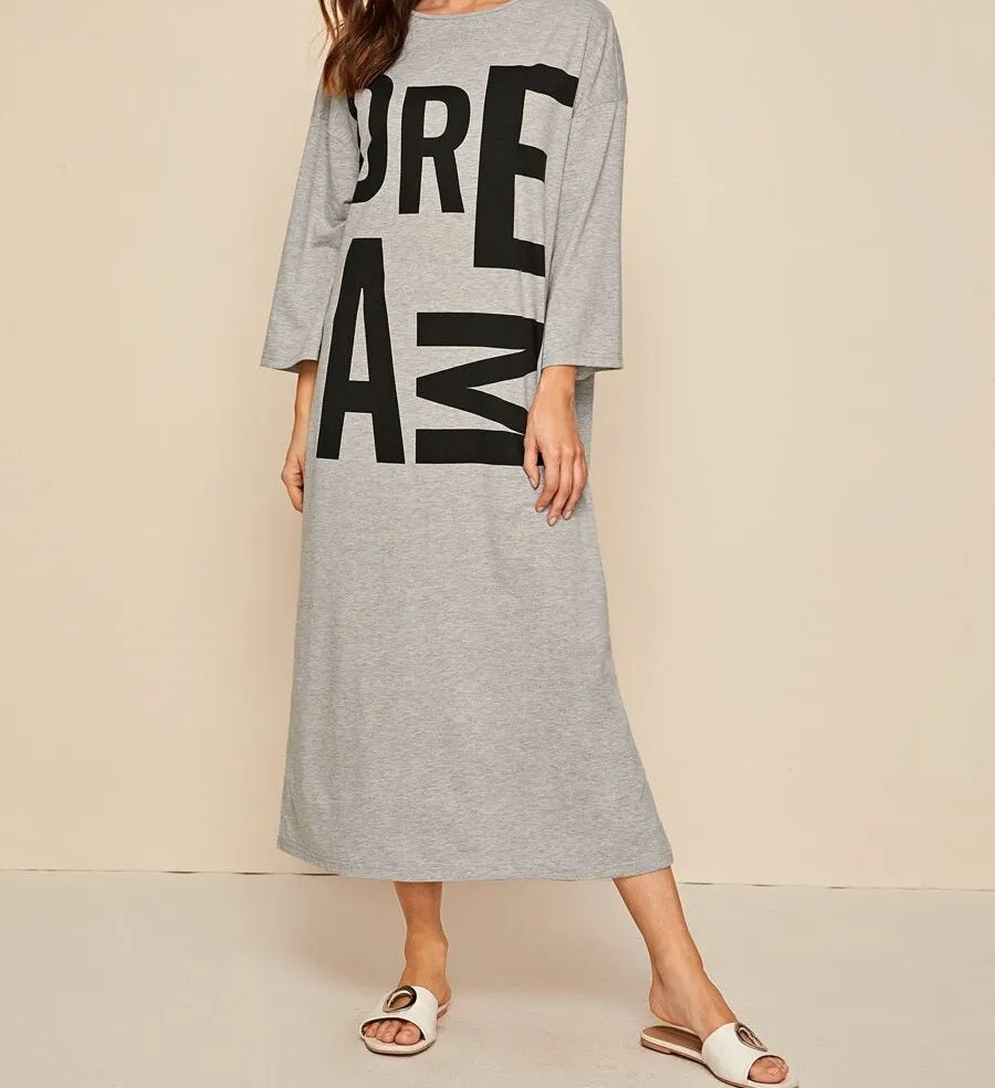Drop Shoulder Split Hem Letter Graphic Nightdress