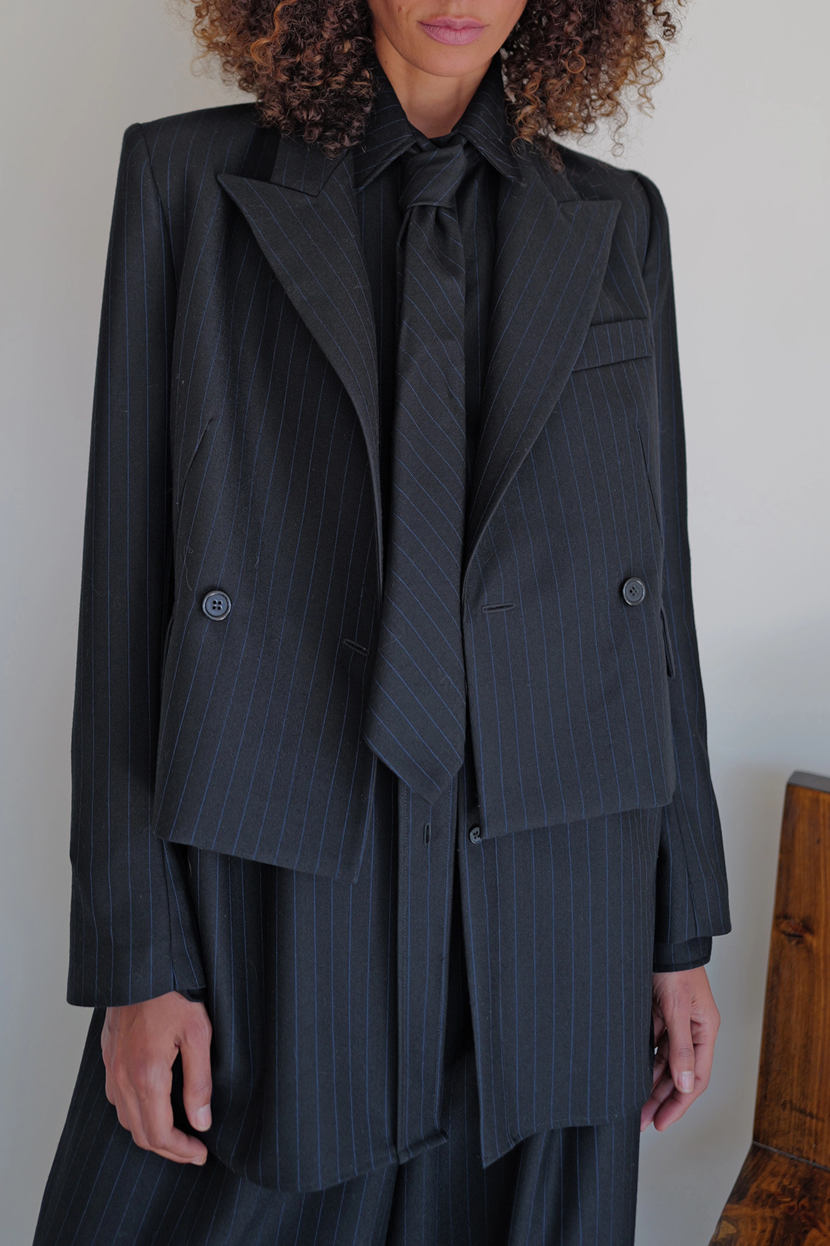 Pinstripe Tuxedo Blazer Compact Design LightweightInsulation
