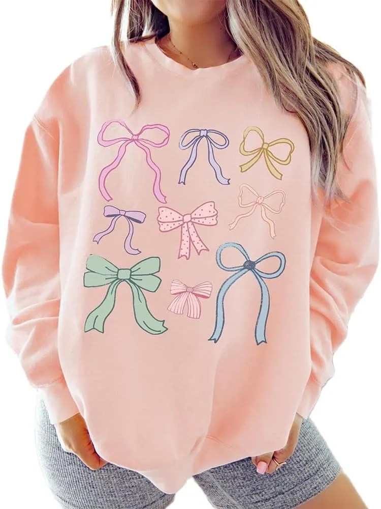 DSORVICD Women Cute Bow Oversized Sweatshirt Y2k Print Long Sleeve Pullover Aesthetic Fall Hoodies Fairy Clothes Streetwear