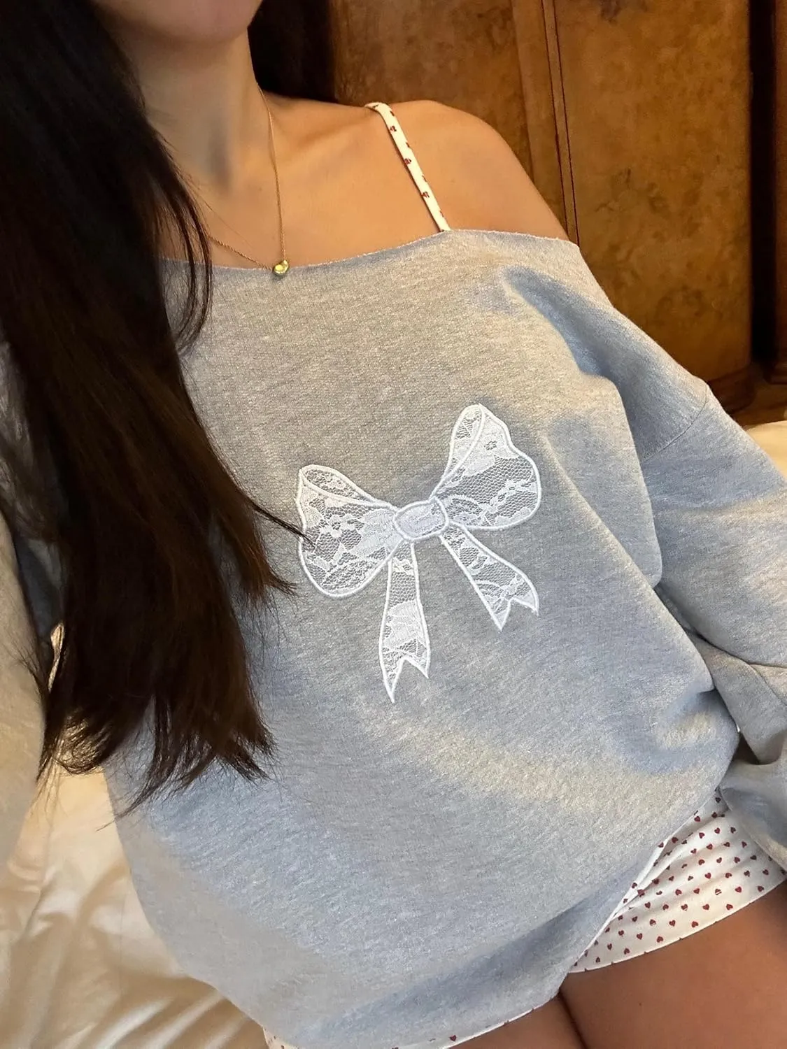 DSORVICD Women Cute Bow Oversized Sweatshirt Y2k Print Long Sleeve Pullover Aesthetic Fall Hoodies Fairy Clothes Streetwear