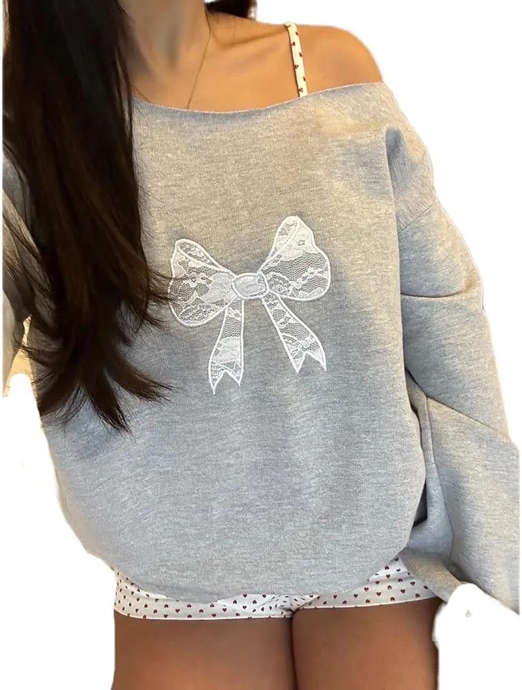 DSORVICD Women Cute Bow Oversized Sweatshirt Y2k Print Long Sleeve Pullover Aesthetic Fall Hoodies Fairy Clothes Streetwear
