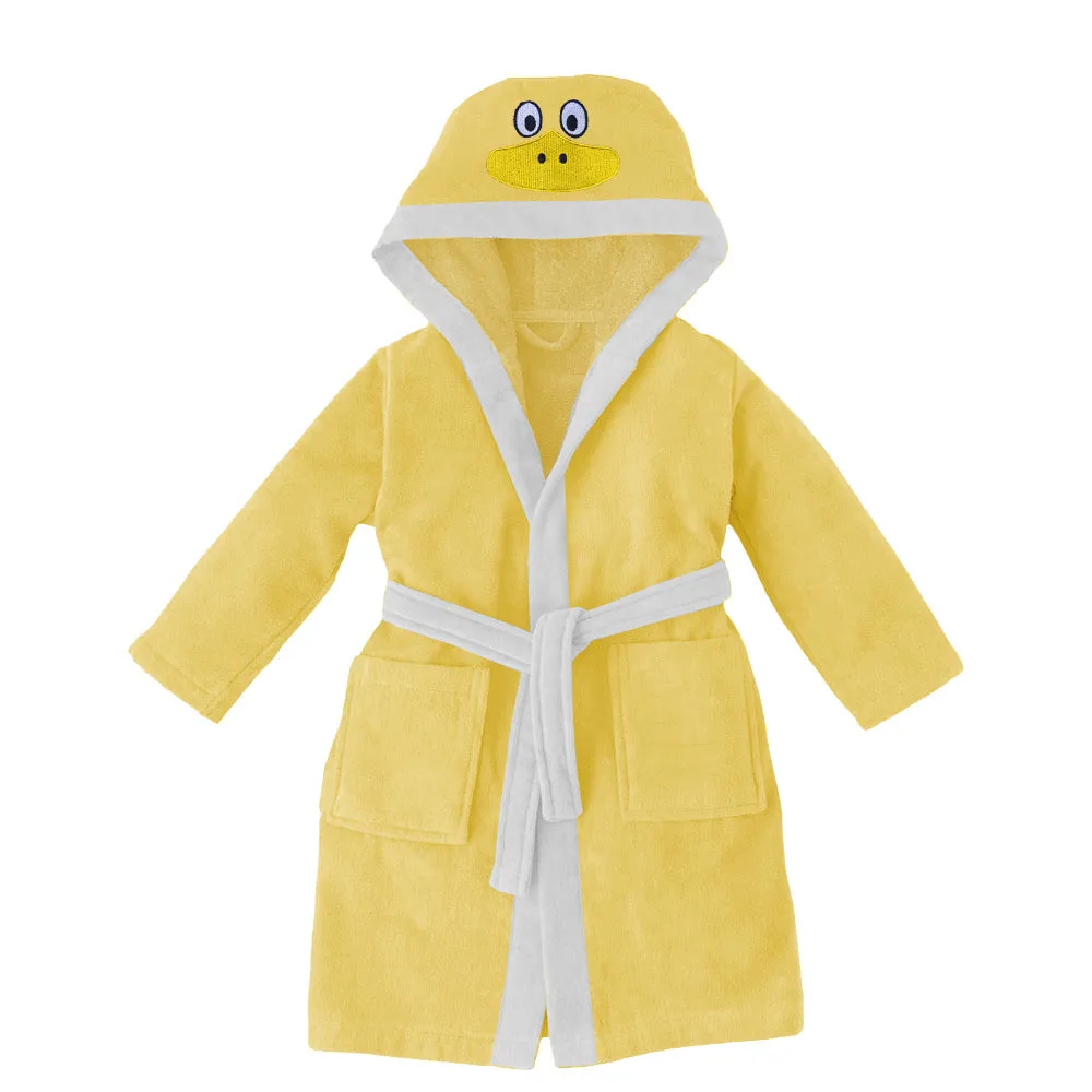 Duck Embroidered Kids Bathrobe with Hood and Tie Up Belt - Yellow
