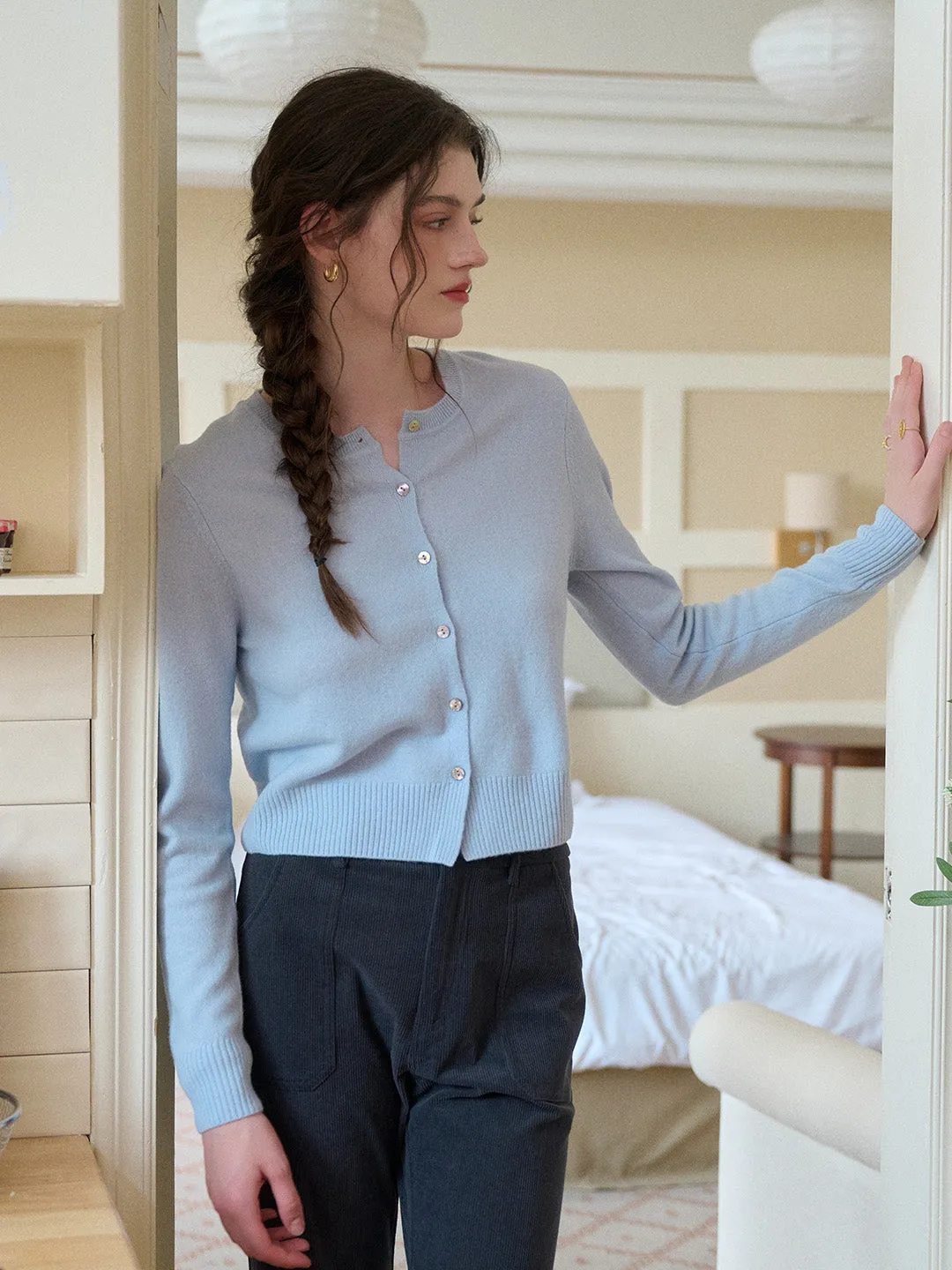 ZeroWaste Pattern Microfiber texture Dayana Round Neck 100% Wool Cardigan