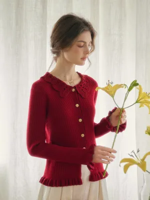 ConvertibleCollar AntiStatic Material Jocelyn Red Round Neck Knit Wool Cardigan