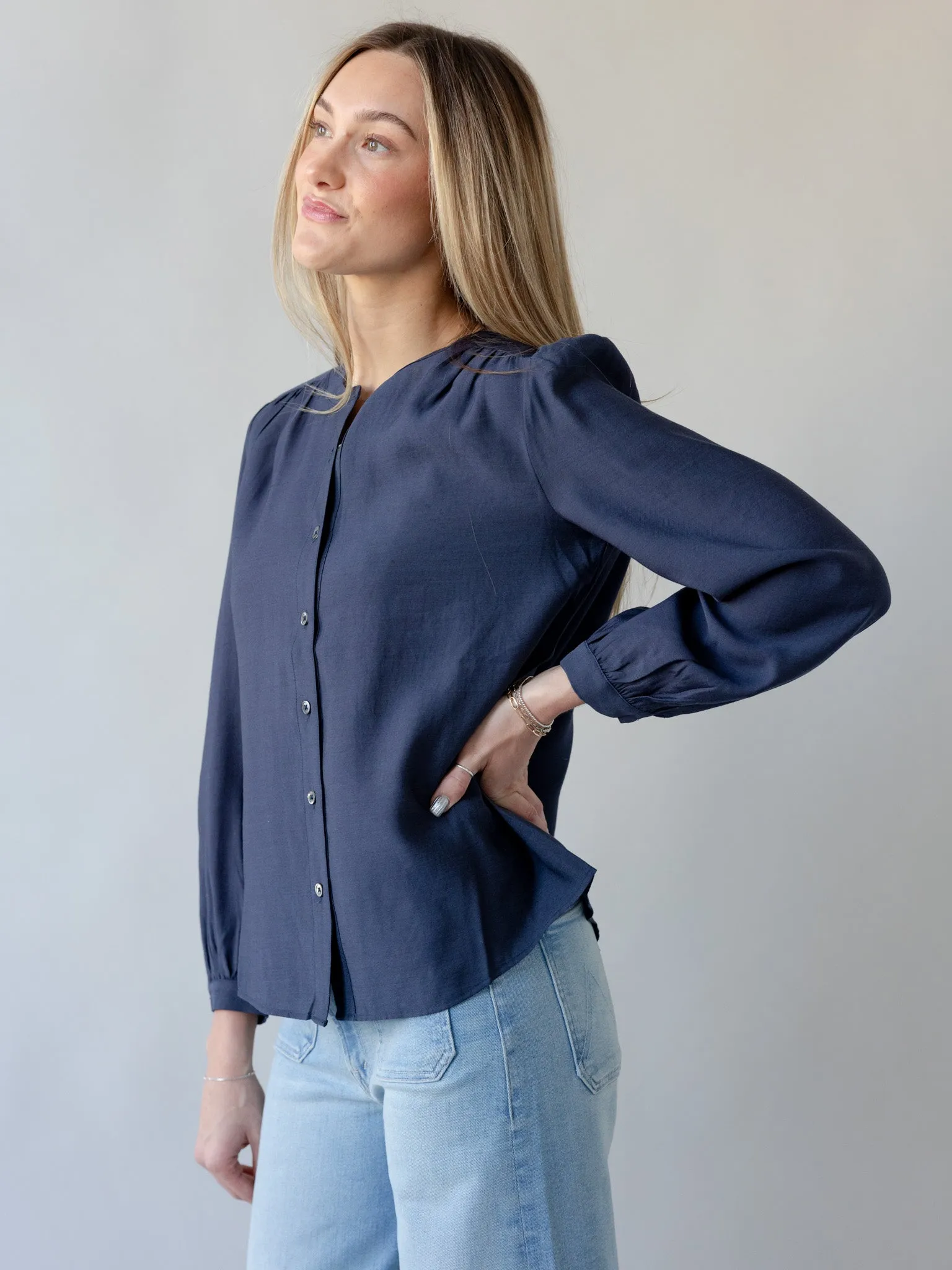 AdjustableHemCuffs Hidden Button Placket Elsbeth Navy Blouse