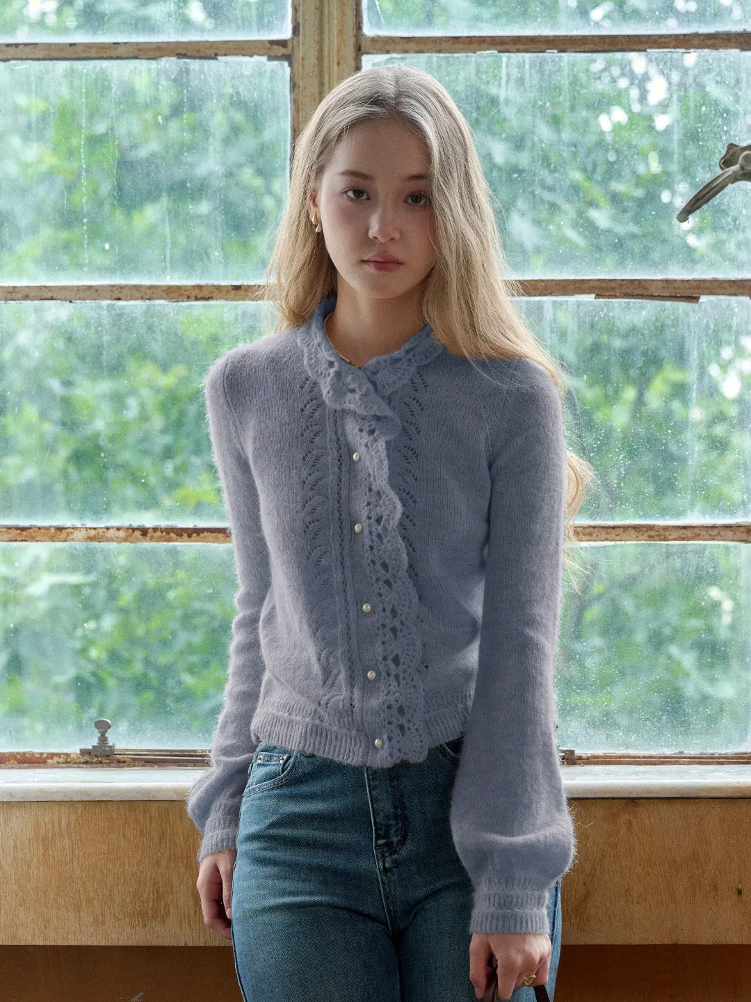 Breathable3DKnit Lauren Wavy Collar Hollow Knit Cardigan