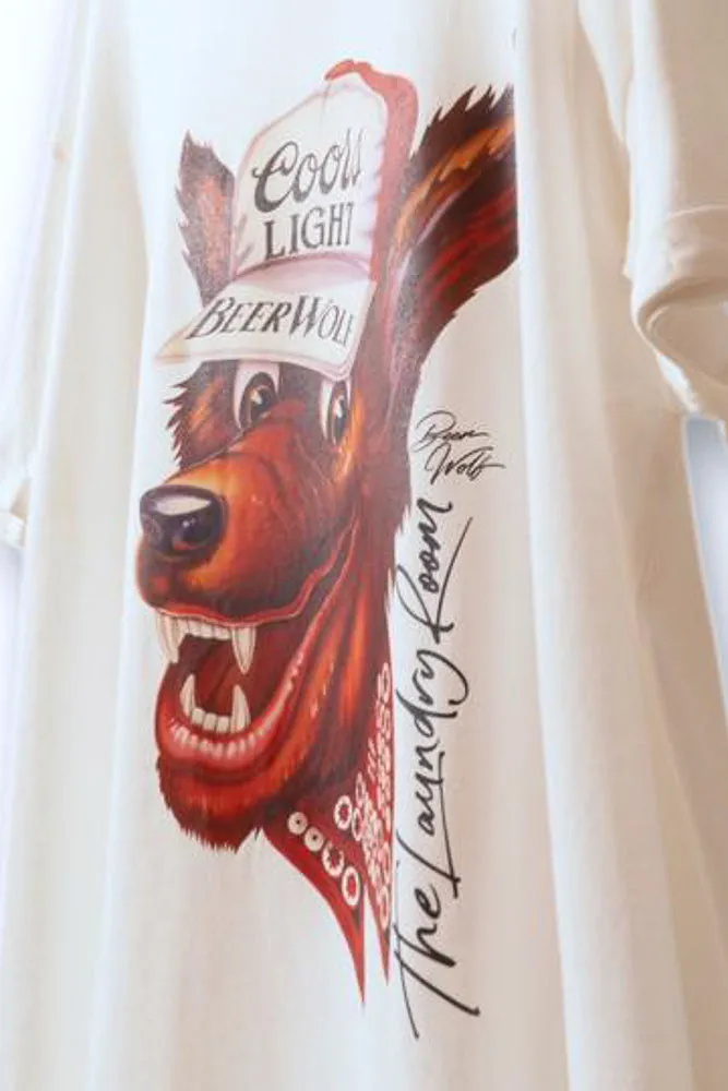 Zero Waste Cut Pattern Beer Wolf Oversized Tee - White