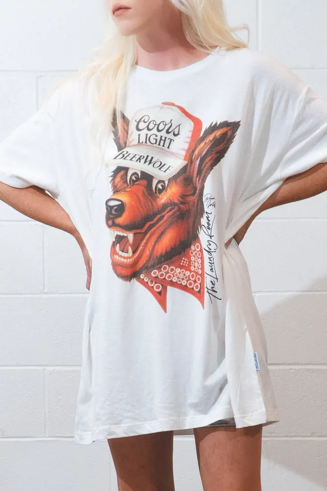 Beer Wolf Oversized Tee - White FlexibleNeckline Temperature Regulating Fibers