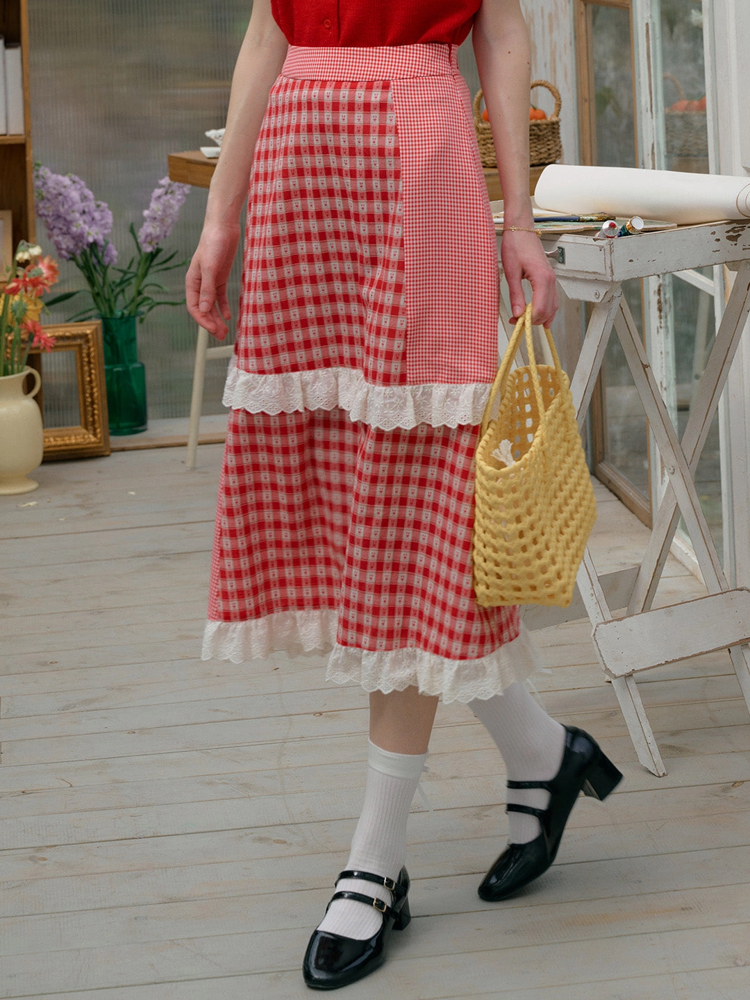 High Quality Material Chilly Layering ??Final Sale??Dalia Sweet Lace Contrasting Plaid Cake Skirt