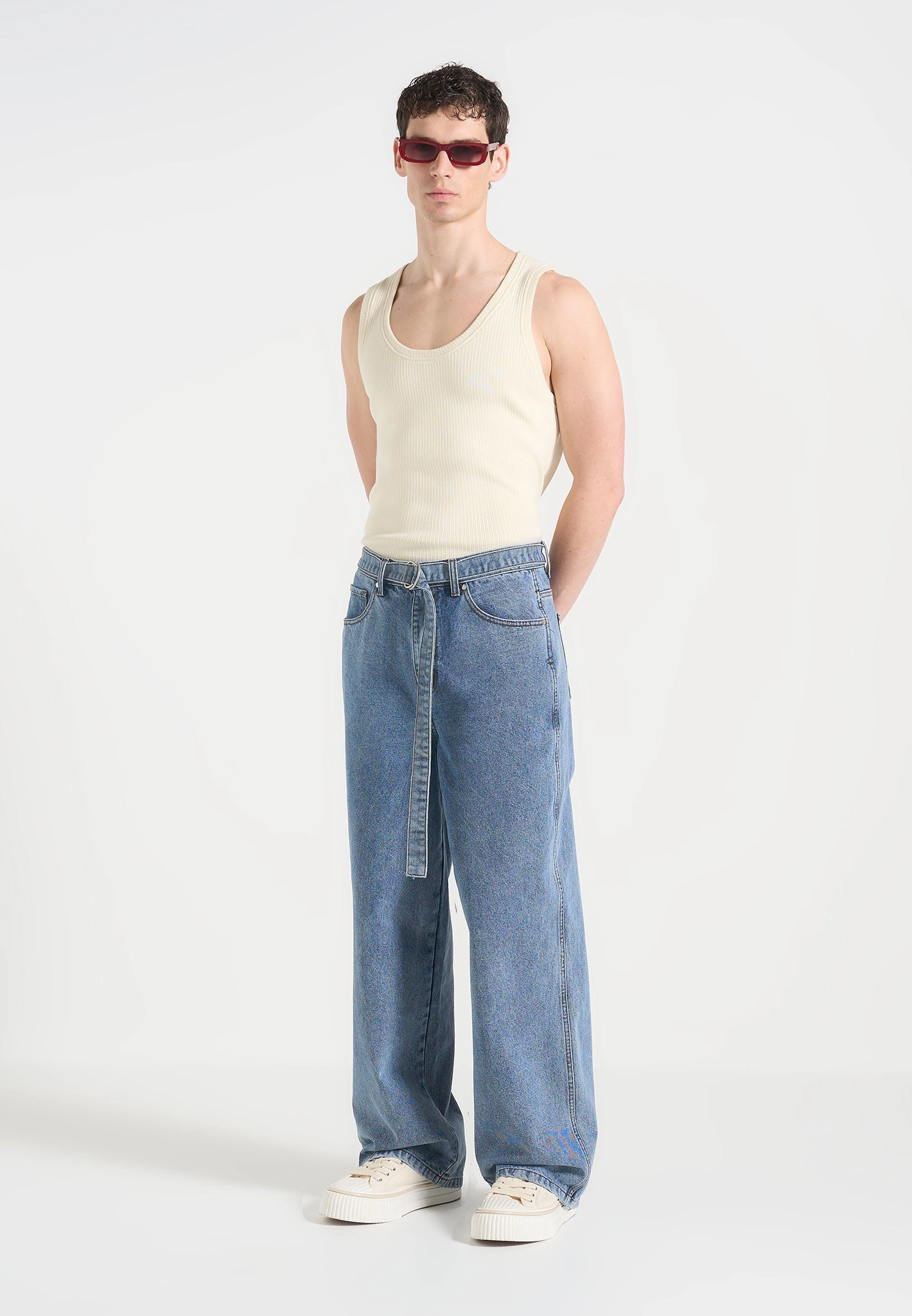 Adam - Wide Leg Belted Jeans - Blue Wash Go-To Style Breathable fabric