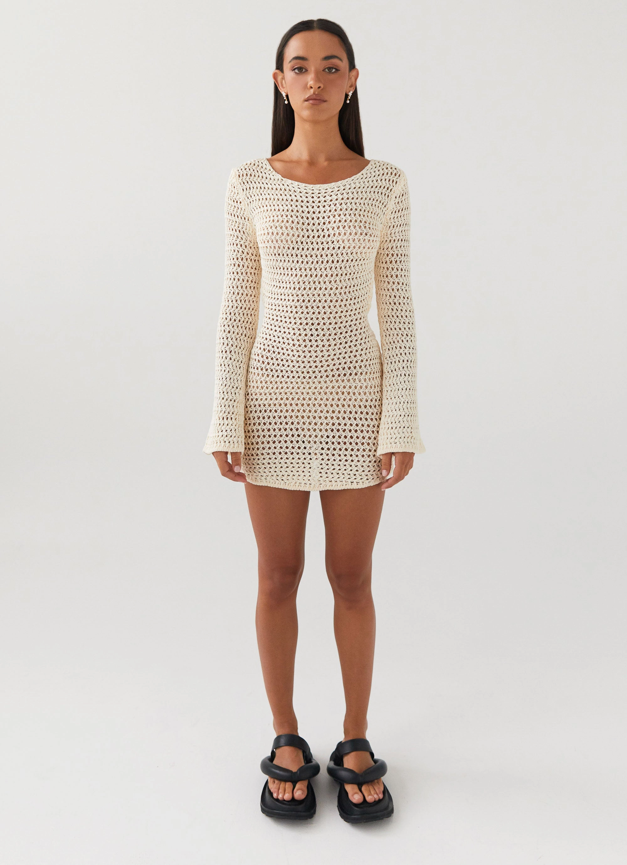 Print Mix Down For The Ride Crochet Mini Dress - Ivory