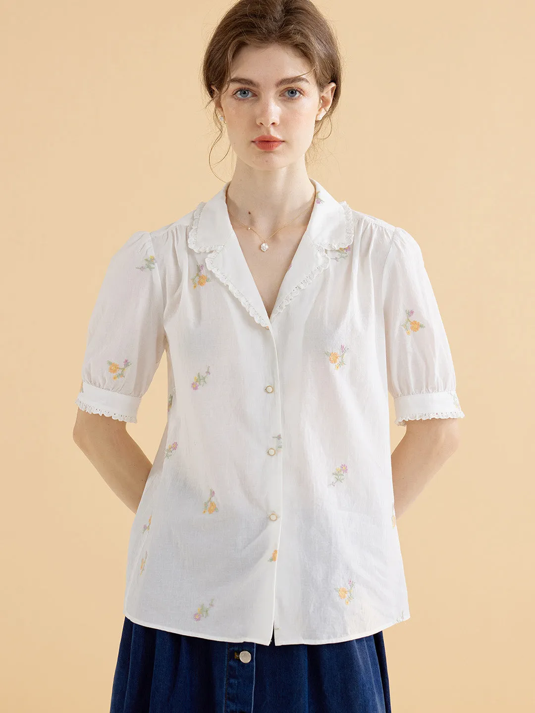 Comfortable Design Marceline Simple V Neck Embroidered Cotton Shirt