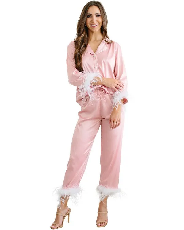 Dusty Rose Feather Trim Long Sleeve With Pants Pajama Set