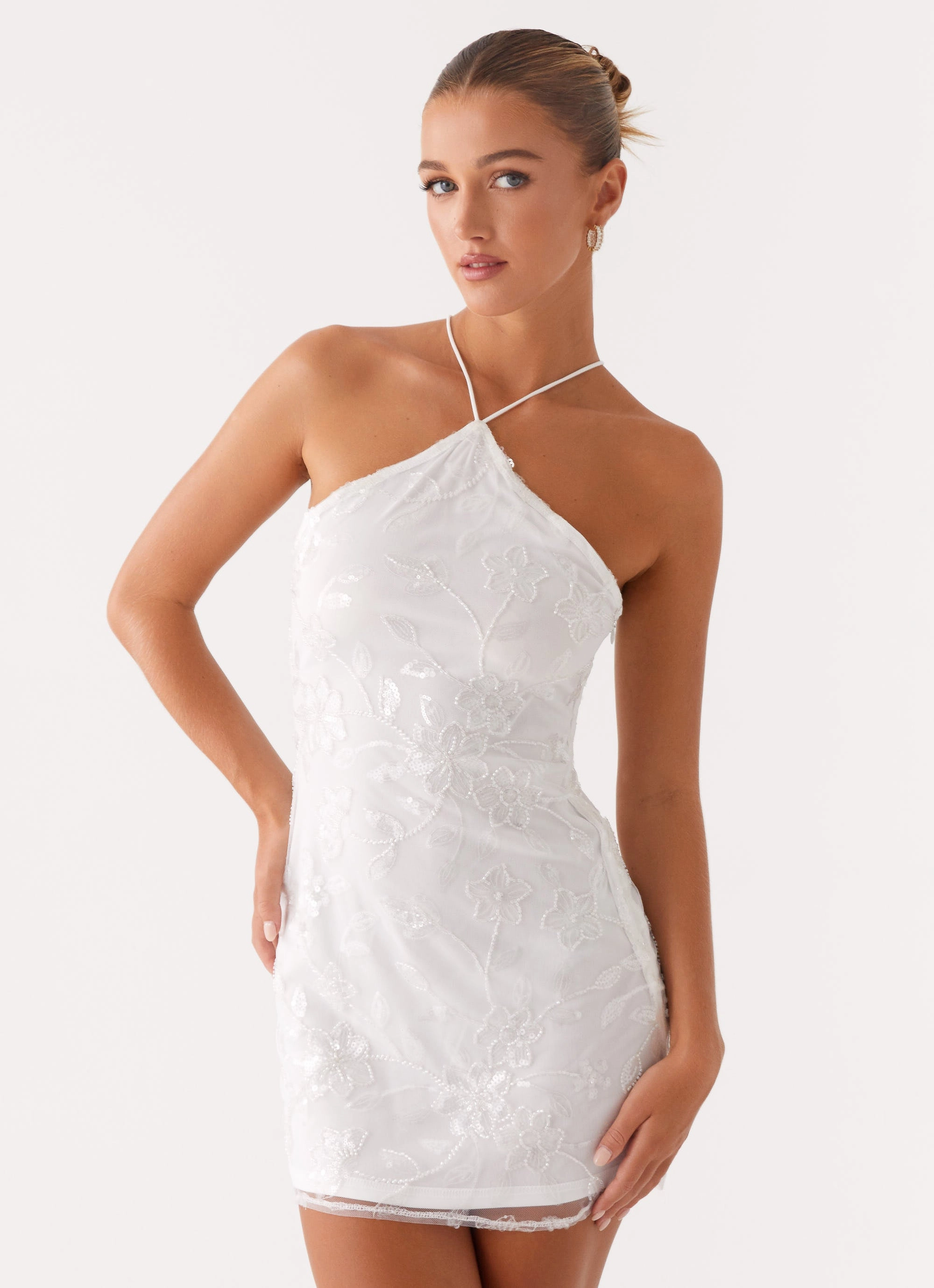 Slip Resistant Waist Rumi Beaded Mini Dress - White