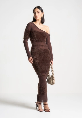 Fresh Glow Off Shoulder Knitted Maxi Dress - Brown