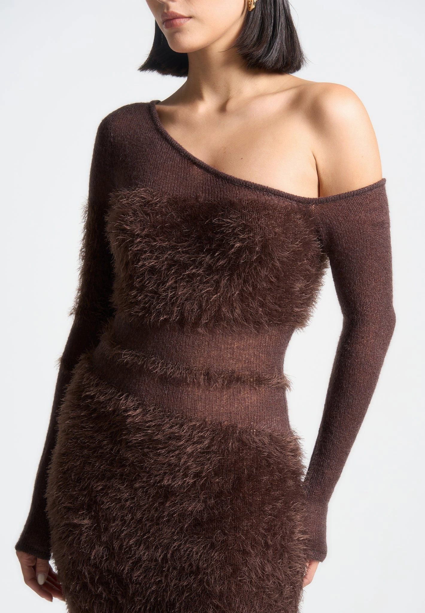 LayeredHemline Feminine full-length gown Off Shoulder Knitted Maxi Dress - Brown