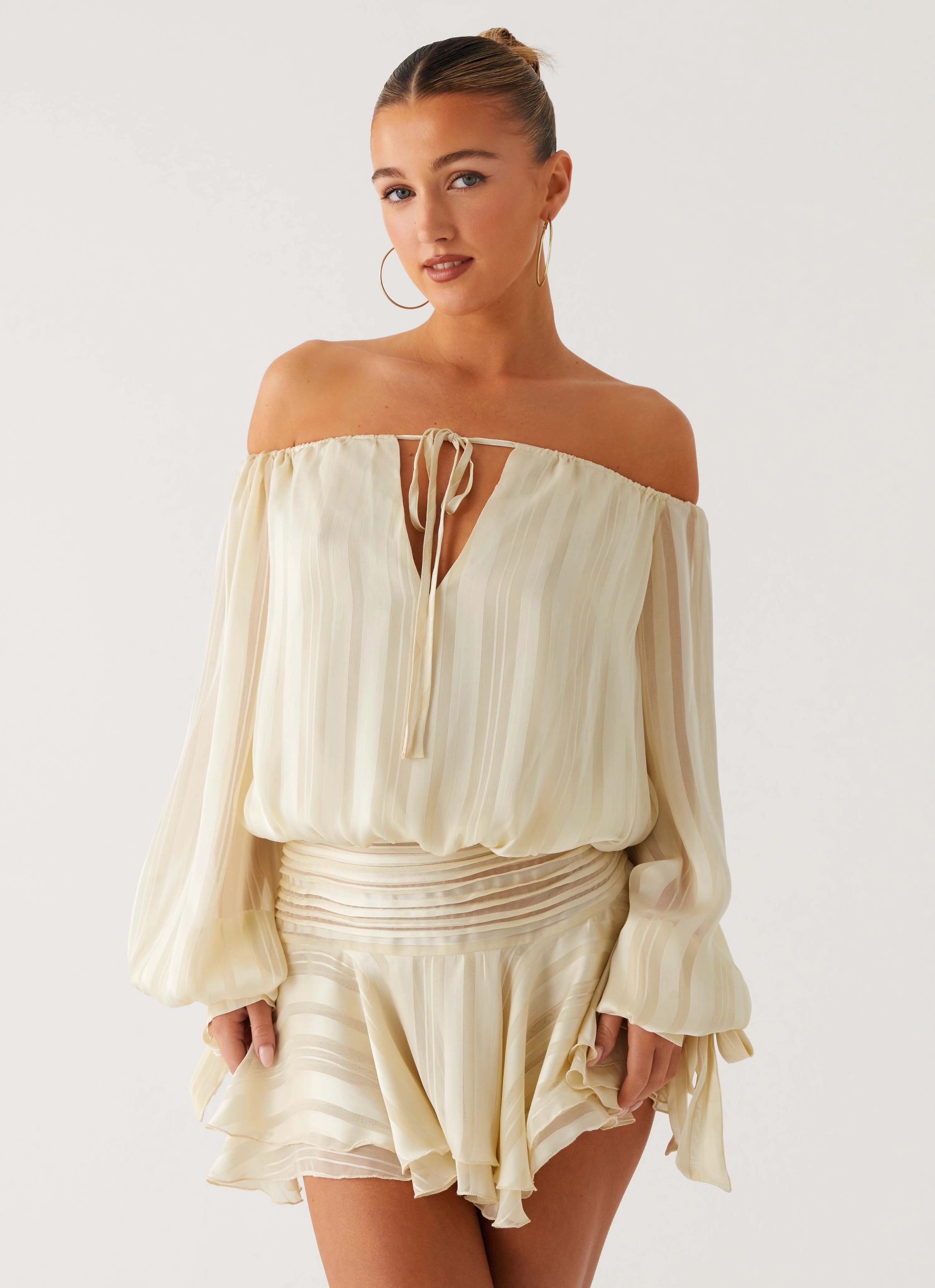 Eira Balloon Sleeve Mini Dress - Ivory Velvet-Touch Must Have
