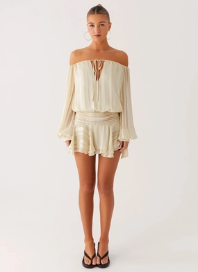 Lace Detail Mini-Length Eira Balloon Sleeve Mini Dress - Ivory