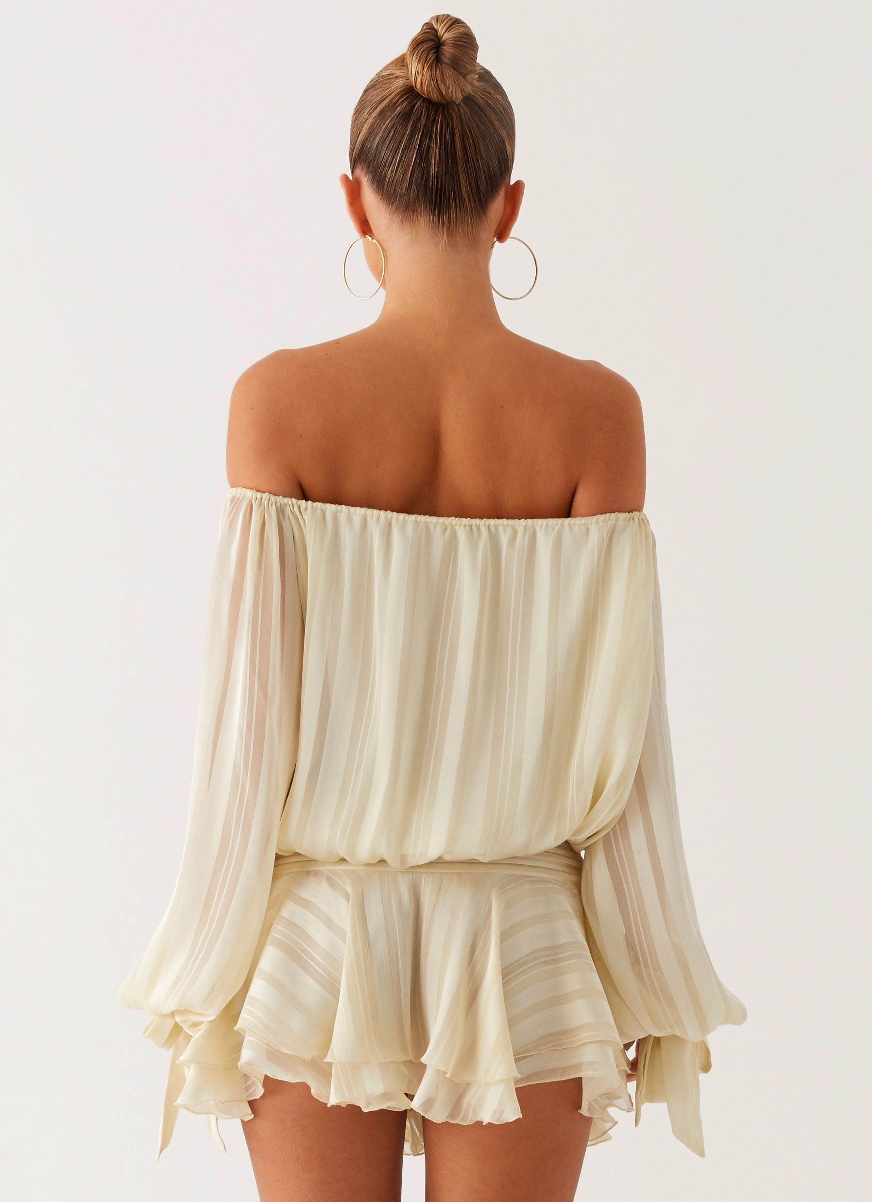 Eira Balloon Sleeve Mini Dress - Ivory Satin Fabric