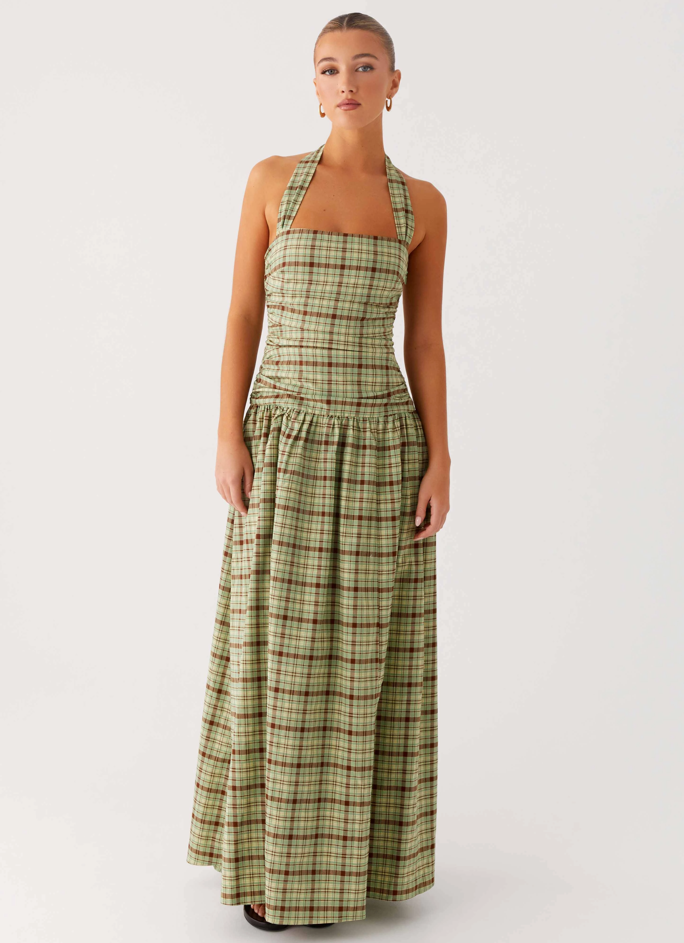 Office Mood Grace Walk Lilith Maxi Dress - Forest Plaid