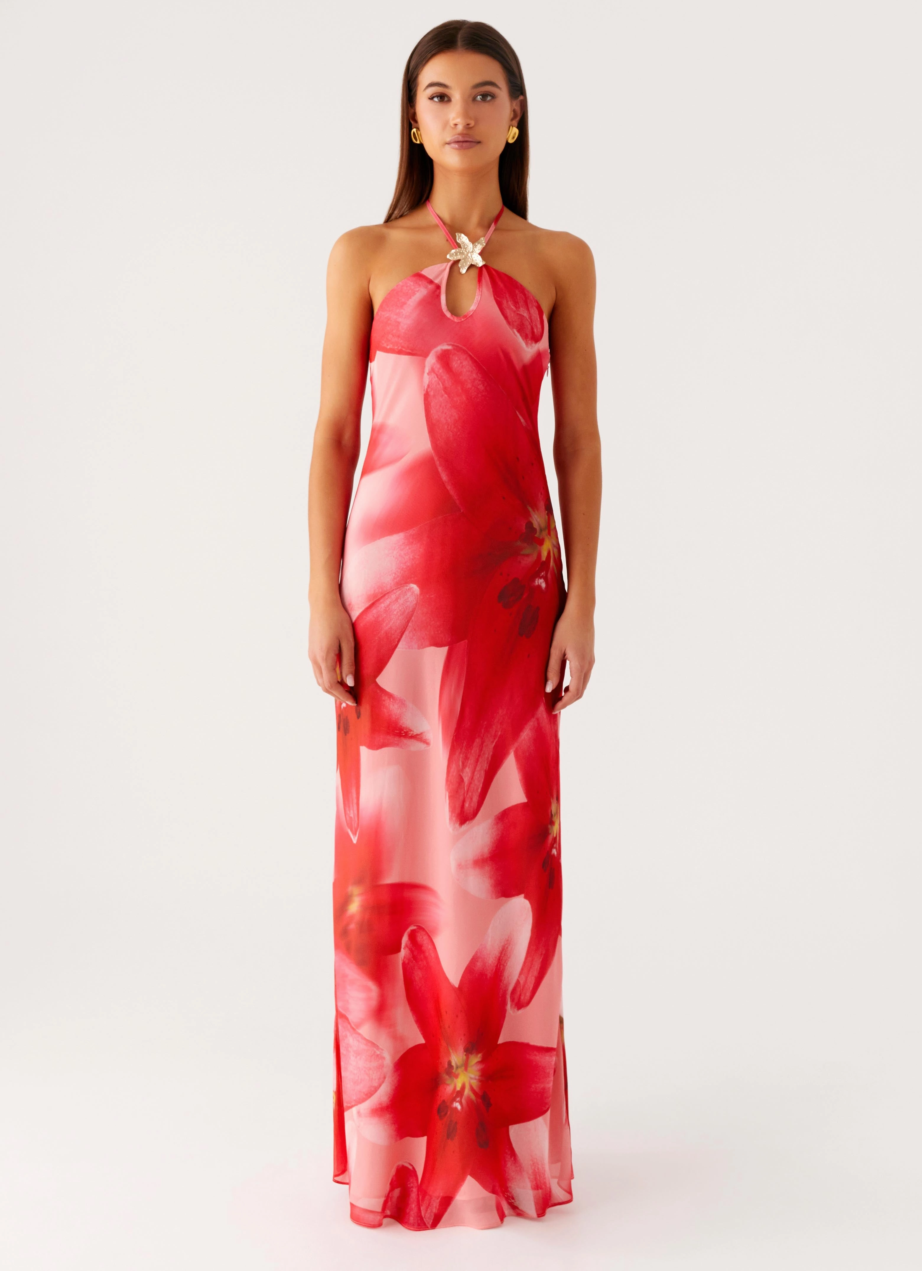 Vatiana Chiffon Maxi Dress - Peach Watermelon Flower Bride Side