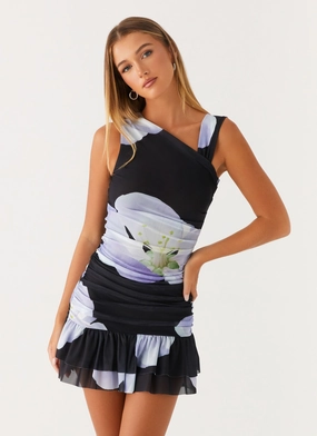 Maverick Mini Dress - Flower Print Edgy Look raw hem