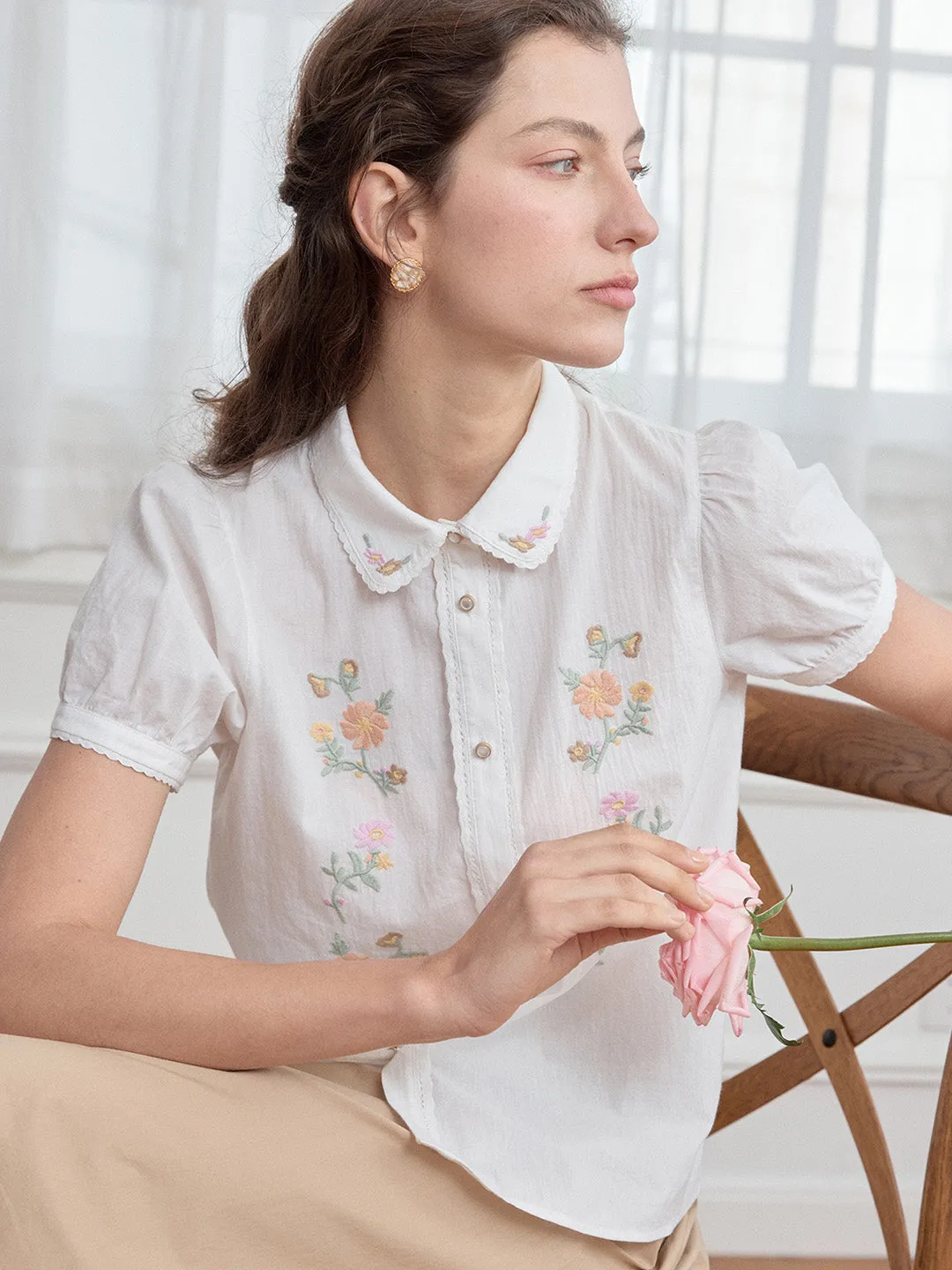 Distressed Texture ??Final Sale??Penelope Peter Pan Collar Embroidery 100% Cotton Blouse